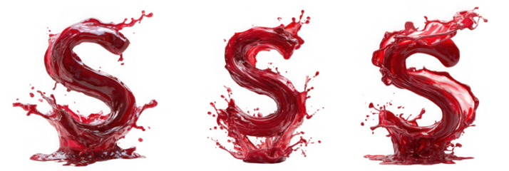 Three dynamic splashes of red liquid forming the letter s, isolated on transparent background