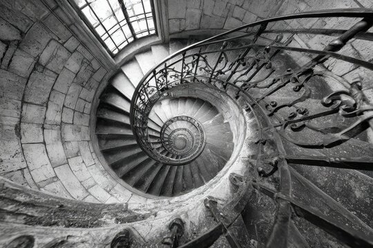 An overhead shot of a stone spiral staircase with ornate iron railing, in black and white, leading to a window with light, creating an interesting architectural pattern. - Powered by Adobe