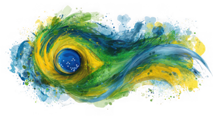 Abstract watercolor splash of the brazilian flag, symbolizing national pride and vibrant spirit, isolated on transparent background