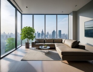 modern minimalist living room with large window overlooking cityscape sleek sofa potted plant soft natural light and clean design emphasizing simplicity and urban elegance