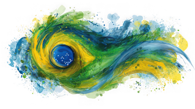 Abstract watercolor splash of the brazilian flag, symbolizing national pride and vibrant spirit, isolated on transparent background