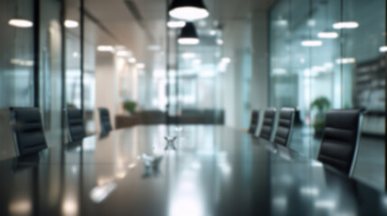 Fototapeta premium Blurred abstract background with conference room in bustling business center hall, with businessmen and people captured in motion blur through a long exposure technique. Work atmosphere. 