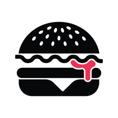 Minimalist hamburger icon with sesame bun, cheese, patty, lettuce, and dripping sauce—ideal for fastfood branding and culinary menu design