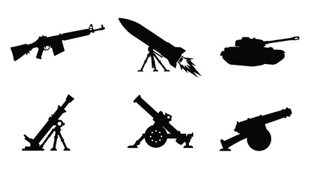 Collection of military weapon silhouettes including a rocket tank rifle and artillery pieces on white background