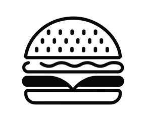 Minimalist hamburger icon with sesame bun, cheese, and patty—ideal for fastfood menu design, culinary branding, and snack illustrations