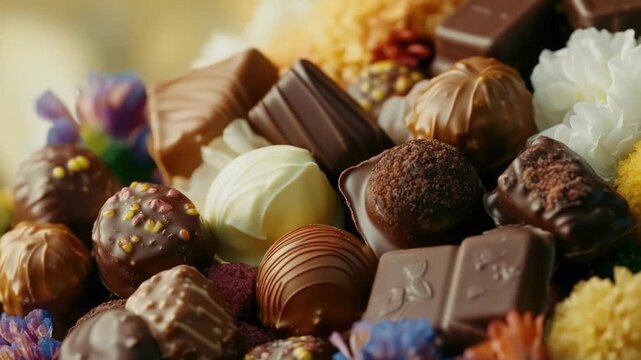 A arrangement of chocolates and flowers on a table, perfect for romantic gestures or as a centerpiece