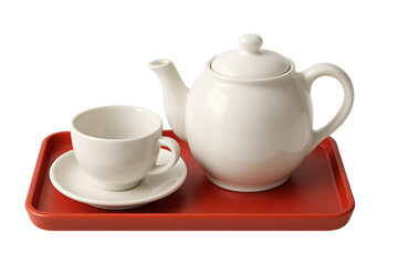 Classic white teacup with saucer and teapot on red tray isolated on transparent background