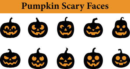 Collection of stylized pumpkin faces in silhouette isolated on transparent background perfect for Halloween decorations and themes