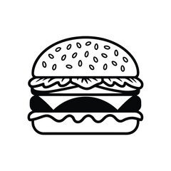 Silhouette hamburger icon featuring sesame bun, cheese, lettuce, tomato, and patty—ideal for fastfood menus, culinary branding, and snacks