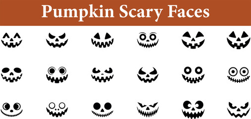 Collection of 18 Halloween pumpkin faces carved with spooky expressions presented as a silhouette isolated on transparent background