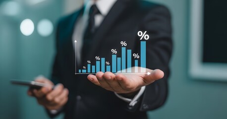 Business Growth Presentation: A business professional, adorned in a suit, delicately presents a digital graph showcasing upward trajectory, symbolizing continuous progress and data analytics 