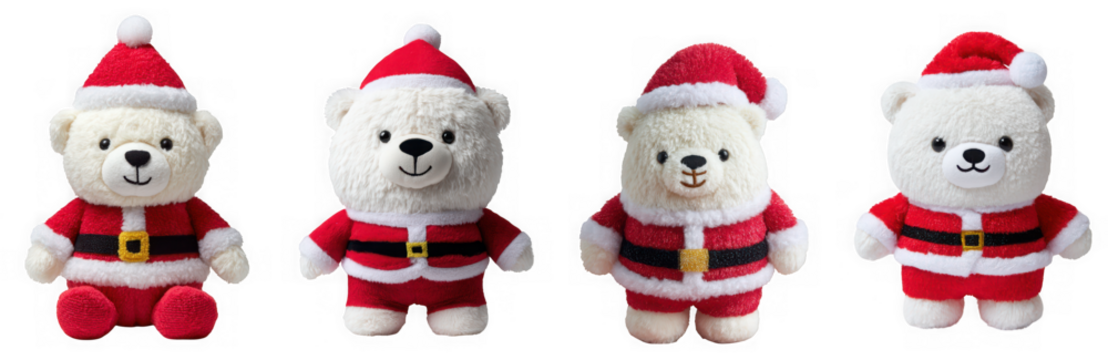 Four cute polar bears dressed as santa claus, wearing red suits and hats, isolated on transparent background