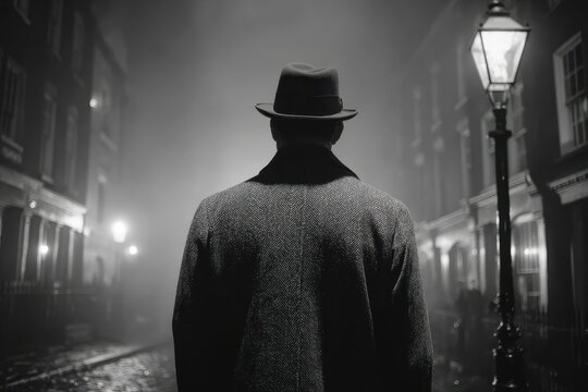 A mysterious man in a fedora and herringbone coat walks down a foggy London street at night, evoking a sense of noir atmosphere and classic crime dramas.