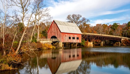 Obraz premium Autumnal red barn reflected in tranquil river