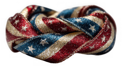 Close up of a braided patriotic ribbon with glittery red, white, and blue stripes and stars, isolated on a transparent background