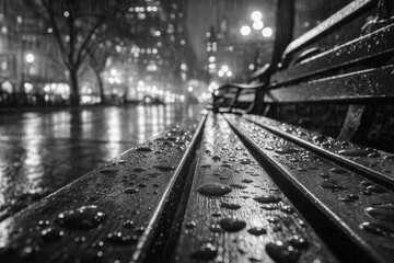 Fototapeta premium Moody monochrome photograph of a park bench drenched in raindrops at night, cityscape lights reflecting in the wet pavement add a somber urban ambiance.
