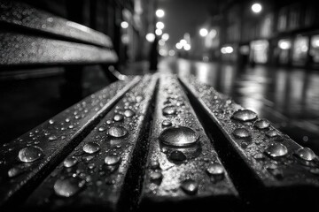 A moody black and white nightscape showcases rain droplets clinging to a park bench, reflecting blurred city lights and a sense of urban solitude with a strong depth of field.