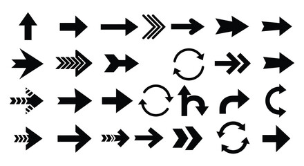 Collection of diverse black arrow icons and symbols pointing in various directions and styles