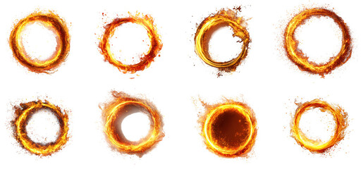 Collection of eight fiery rings and circles isolated on a transparent background, representing energy and motion
