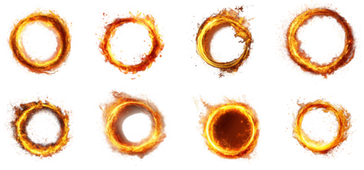 Collection of eight fiery rings and circles isolated on a transparent background, representing energy and motion