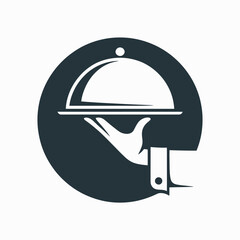 Elegant Restaurant Service Logo Design with Hand Holding Cloche on Dark Circle Background for Culinary Excellence
