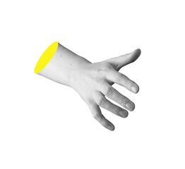 Hand extended with fingers, touch, hold, or grasp an unseen invisible object, isolated on white