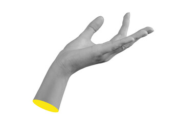 Hand holding with curved fingers in natural grip, gesture of offering or catch, position between