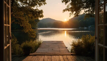 A wooden dock overlooking a lake, with a forest on the sides. A large window behind it shows the sunrise and misty water, like a movie still in a hyper-realistic style.