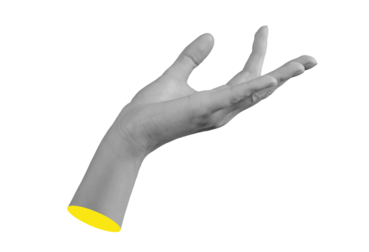 Hand holding with curved fingers in natural grip, gesture of offering or catch, position between