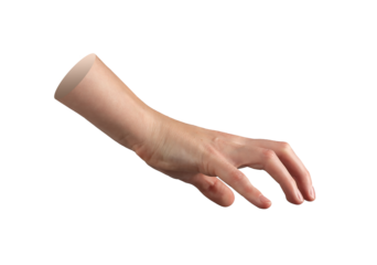 Hand outstretched posture with bent wrist, expressive side view gesture to grasp, carry or capture