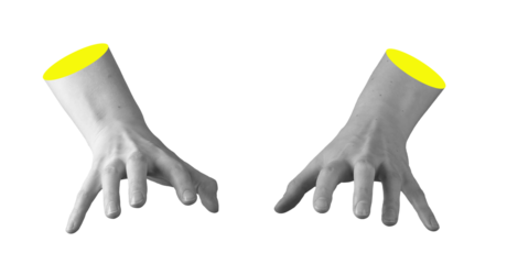 Hands with fingers curved down in hovering position over surface, gesture to grasp or hold invisible