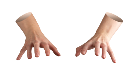 Hands with fingers curved in hovering position over surface, gesture to clutch, grasp or hold unseen