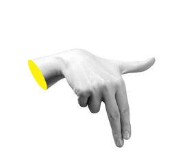 Human hand making a gesture with index and middle fingers pointing downward and thumb extended to