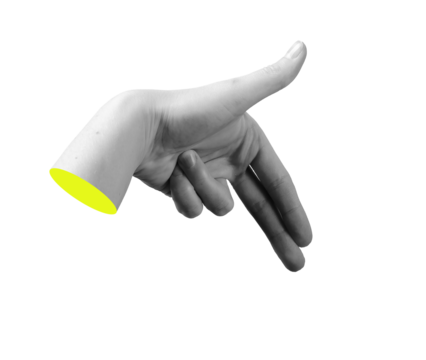 Human hand making a gesture with index and middle fingers pointing down and thumb extended sideways,