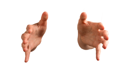 Two hands holding or showing the size of an invisible object, isolated on white background..