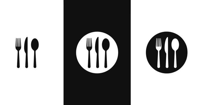 Minimalist cutlery icon set in black and white showcasing fork, knife, and spoon silhouettes on contrasting backgrounds for culinary design