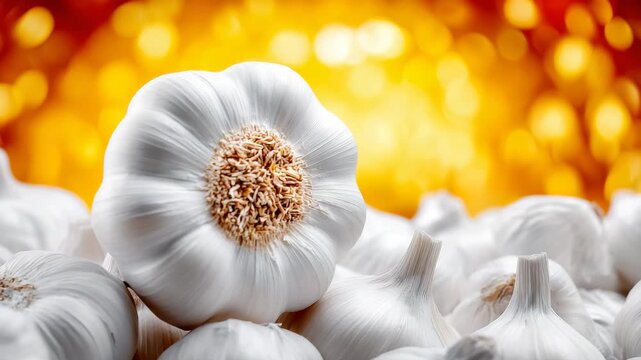 Close-up of fresh white garlic against a blurred golden background, creating an appetizing look. The abundance of garlic heads highlights the freshness and quality of the product. Ideal for cooking.