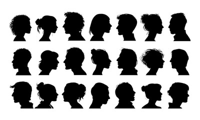 Collection of diverse human profile silhouettes, hairstyles, brain imagery, anonymous male and female shapes, identity and thought concepts, cameo outlines on white background