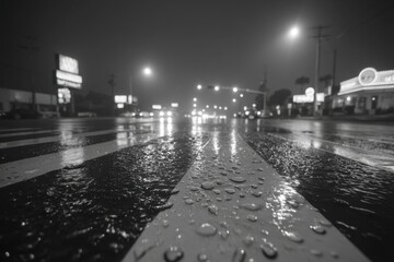 Obraz premium Monochrome streetscape on a rainy night featuring a wet road and car headlights, showcasing a blurred cityscape under the glow of streetlights and signage.