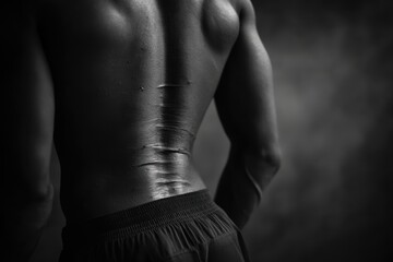 A close-up of a muscular man's back showing sweat and defined muscles after an intense workout, captured in dramatic black and white with strong contrast and detail.