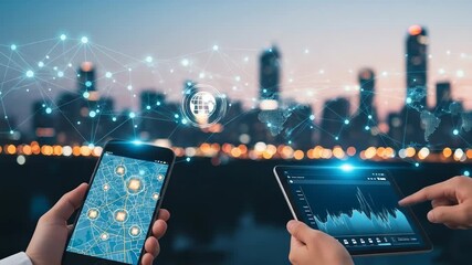 Man and woman use smartphone and tablet with network over city. Smart technology concept for communication and data exchange video. - Powered by Adobe