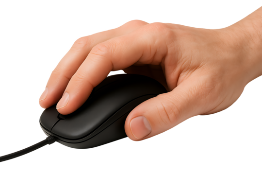 Hand using black wired computer mouse isolated on transparent background