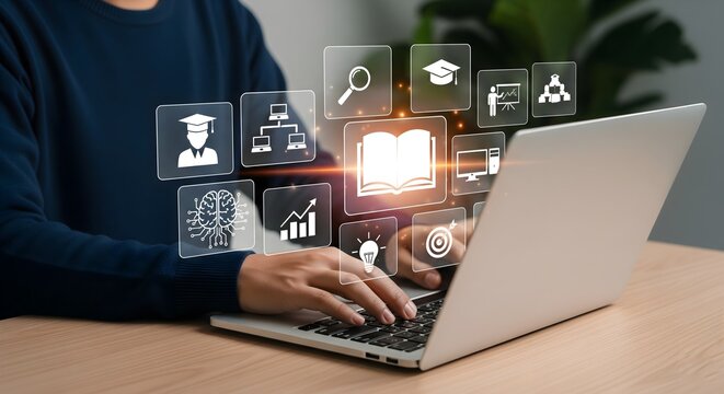 concepts of e-learning, online education, digital knowledge acquisition, remote learning, and the comprehensive resources available through virtual platforms. - Powered by Adobe