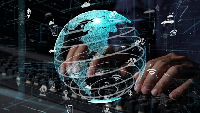 A visual representation of global connectivity featuring a digital world map and hands typing on a keyboard, surrounded by technology icons, emphasizing modern communication. Xenic