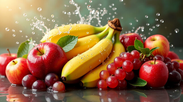 Vibrant assortment of fresh fruits splashed with water in a studio setting