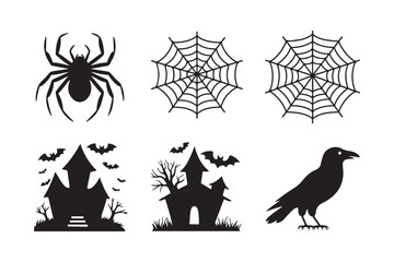 Halloween silhouette collection featuring spider cobwebs haunted houses and raven