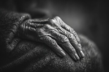 Fototapeta premium Close-up of an elderly person's hand resting on fabric, showcasing age and texture, emphasizing the passage of time and life's experiences in monochrome tones.