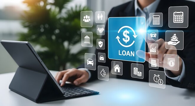 concepts related to financial services, loan applications, banking, investment, and managing personal or business finances in a digital environment.