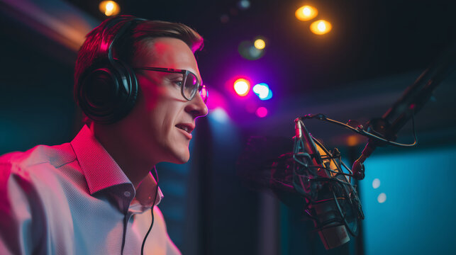 Adult man wearing headphones, speaking into a microphone in a professional sound studio. Concept of podcasting, voiceover acting, broadcasting, and digital media content creation.