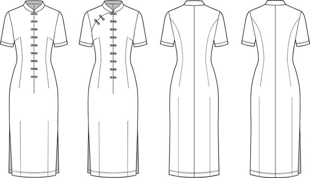 Traditional cheongsam qipao dress fashion flat sketch, Chinese dress technical drawing, elegant mandarin collar long dress outline cad drawing flat vector illustration
